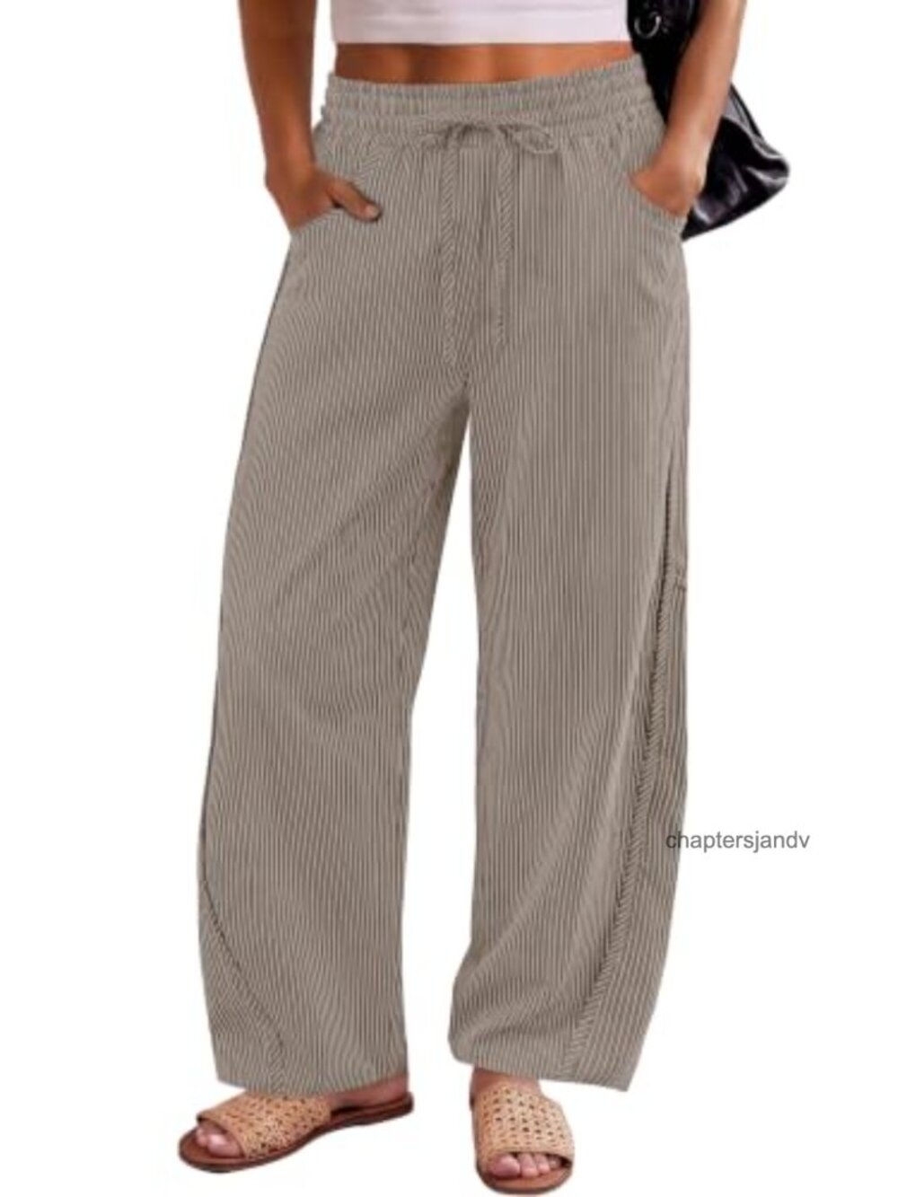 Womens Striped Barrel Pants Wide Leg Trousers Elastic Waist Drawstring Casual